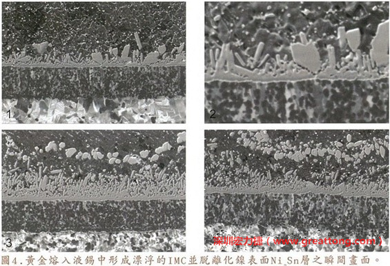 下面四張圖片為放大4500倍的SEM圖像，說明在回流焊爐熱量不足的情況下，黃金成份正要從鎳層分離融入焊錫之中的瞬間，當(dāng)零件遭受外力沖擊的時候就極有可能從這一整排AuSn、、AuSn2或AuSn4的IMC處裂開。