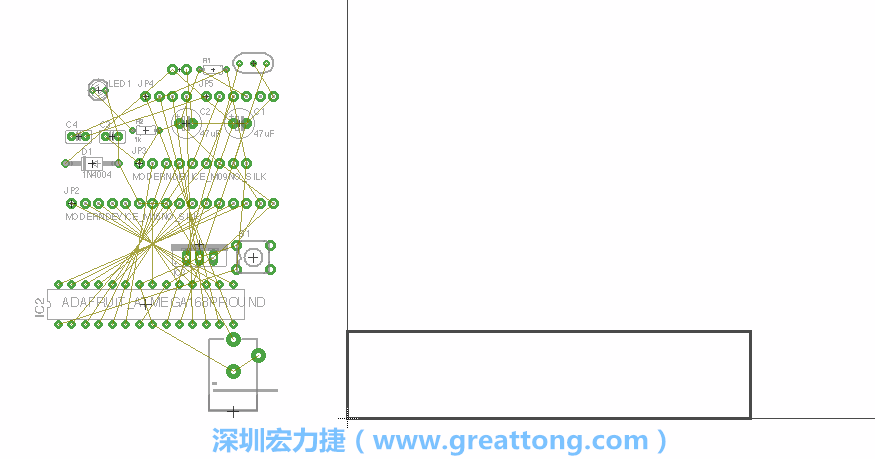第一次執(zhí)行布線編輯器時，你會發(fā)現(xiàn)有兩個區(qū)塊，左邊的區(qū)塊非常混亂，而右邊的區(qū)塊則是一個長方形的工作區(qū)域，EAGLE免費版會限制你的工作區(qū)域在4” x 3.2”的范圍內，如果你試圖將元件擺放在工作區(qū)外的話，就會跳出警示訊息。